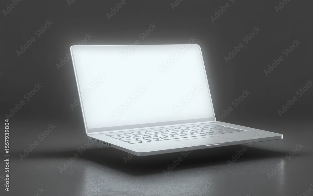 Poster sleek modern laptop with glowing screen floating above dark textured surface in dim light environmen
