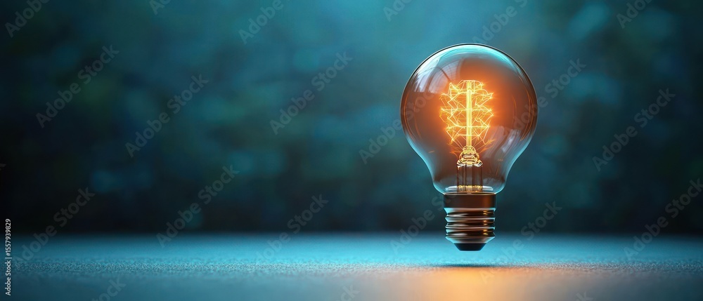 Poster glowing light bulb with a visible filament hovering above a smooth surface against a dark blurred ba