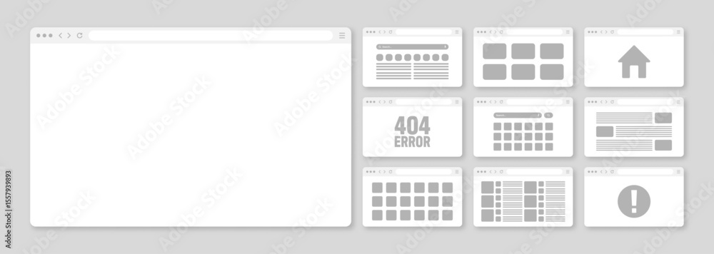 Fototapete Web browser window, pages layout with toolbar and search field. Modern website, internet page in flat style. Browser mockup for computer, tablet and smartphone. Adaptive UI. Vector illustration