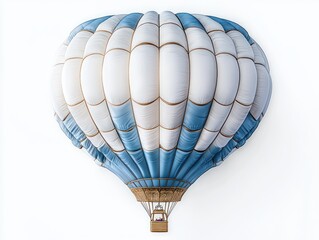 Naklejka premium A large blue and white hot air balloon floating against a clear white sky with two people in the basket enjoying the ride