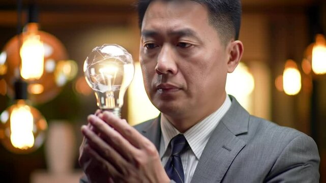 Innovation and Creative Idea Concept with Glowing Light Bulb in Businessman's Hands
