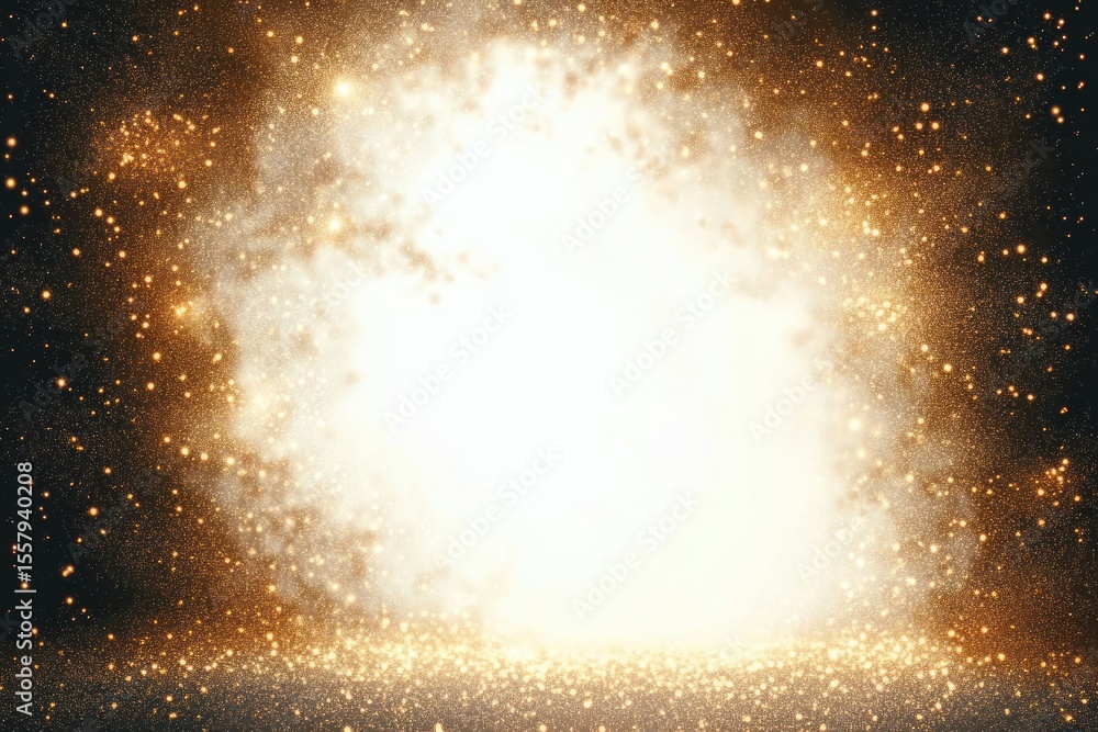 Poster bright glowing explosion with golden sparks and particles spreading outward on dark background, crea