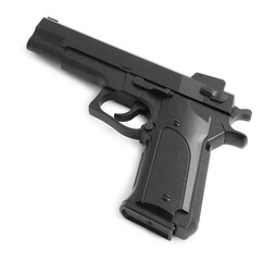 One black gun on white background, above view. Police equipment