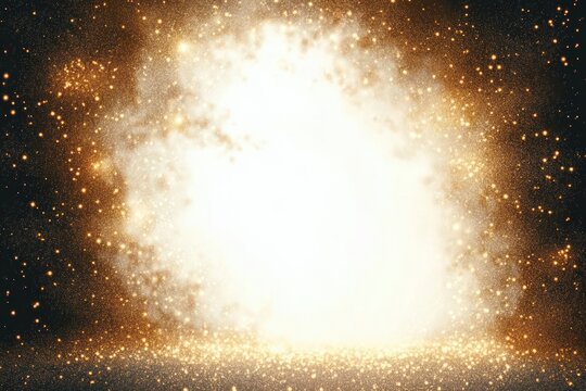Bright glowing explosion with golden sparks and particles spreading outward on dark background, creating dynamic and energetic visual effect