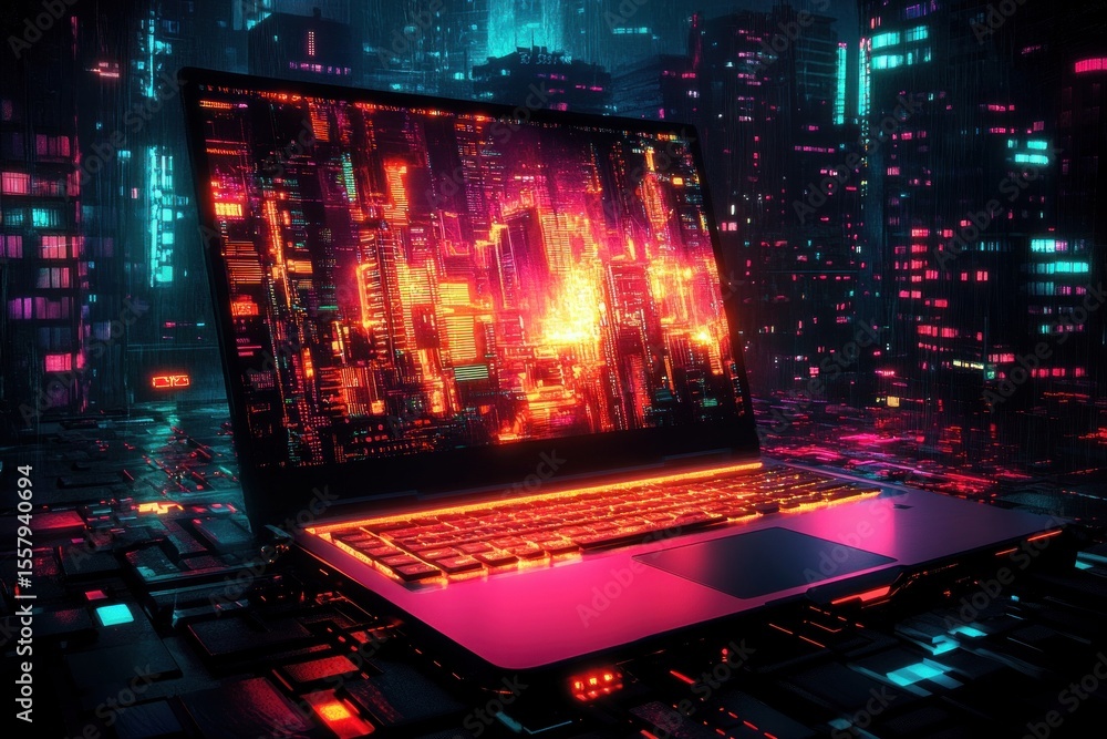 Poster futuristic glowing laptop with vibrant circuitry display and illuminated keyboard set in a neon-lit 