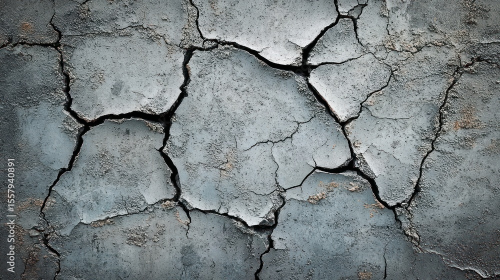 Poster close-up texture of cracked, dry gray soil or clay surface showing irregular fractures and rough pat