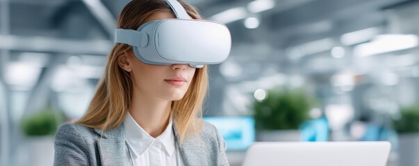 Project concept for enhancing labor skills. A young professional woman wears a VR headset while working on a laptop in a modern office environment.