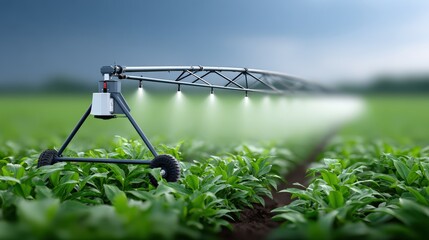 5G in agriculture, Automated irrigation system watering green crops in an agricultural field under a cloudy sky.