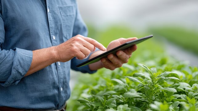 5G in agriculture, A person in a blue shirt uses a tablet to monitor or manage plants in a lush green garden or greenhouse setting.