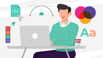 Flat Vector Illustration of Graphic Designer Working on Computer with Pen Tool, Color Picker, and Typography.