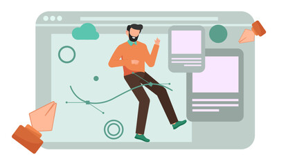 Flat Vector Illustration of Graphic Designer Working on Computer with Pen Tool, Color Picker, and Typography.