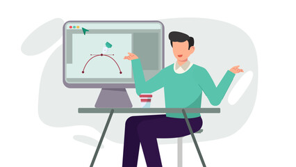 Flat Vector Illustration of Graphic Designer Working on Computer with Pen Tool, Color Picker, and Typography.
