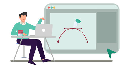 Flat Vector Illustration of Graphic Designer Working on Computer with Pen Tool, Color Picker, and Typography.
