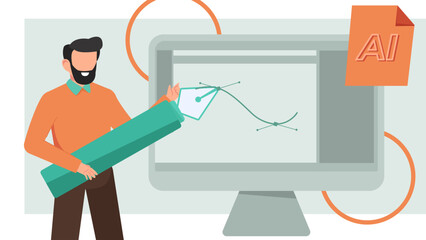 Flat Vector Illustration of Graphic Designer Working on Computer with Pen Tool, Color Picker, and Typography.