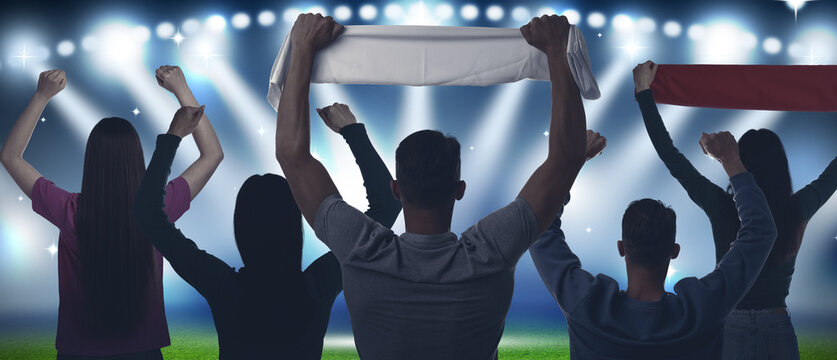 Fans standing in spectator area at stadium, back view