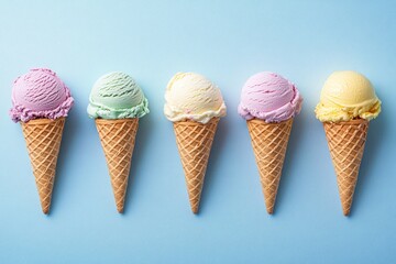 Five ice cream cones with colorful scoops of pastel pink, green, yellow, and purple ice cream arranged in a row on a light blue background