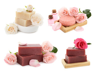 Soap bars with roses and essential oil isolated on white, collage