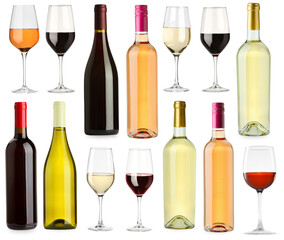 Different types of wine, set. Bottles and glasses isolated on white
