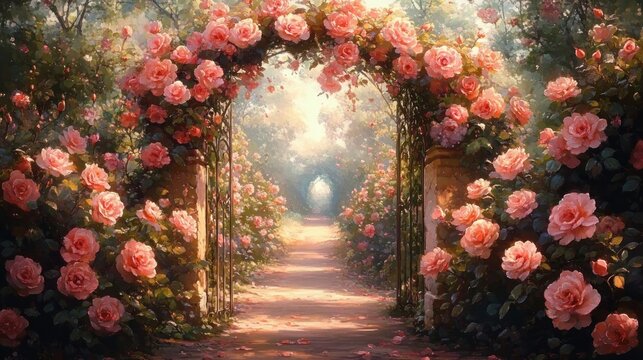 Sunlit garden path framed by a rose-covered archway leading into a lush, blooming rose garden bathed in warm, soft light - Powered by Adobe