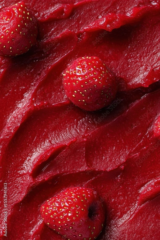 Poster close-up of fresh red strawberries embedded in smooth red strawberry puree with textured swirls crea