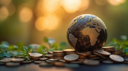 Close-up of a dark globe with continents outlined in gold resting on scattered gold coins with green leaves and soft warm sunlight in the background