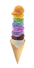 Yummy ice cream balls of rainbow colors in wafer cone on white background