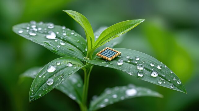 5G in agriculture, A small computer chip rests on a green plant leaf covered with water droplets, symbolizing the fusion of technology and nature. - Powered by Adobe