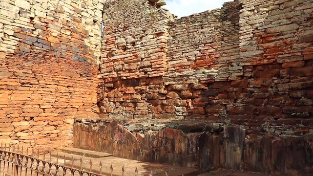 An impactful visual capture of the main church altar location at the San Ignacio Min&iacute; Ruins, Misiones. Only the magnificent stone walls remain, silent witnesses to the Jesuit legacy.