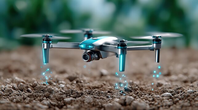 5G in agriculture, A sleek drone hovers low above soil, equipped with a camera and blue LED lights, highlighting modern technology in agriculture or environmental monitoring. - Powered by Adobe