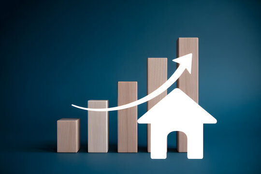 Rising real estate values are shown with wooden blocks, an upward arrow and house icon against a navy background.