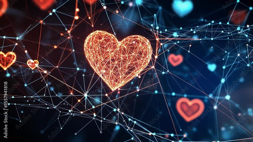Poster plexus lines forming glowing low poly hearts floating in cyberspace creating romantic atmosphere for