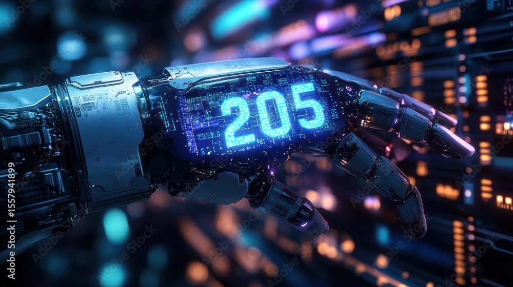 Poster futuristic robotic hand with digital number display glowing in blue against a blurred high-tech circ