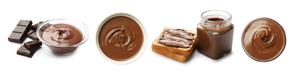 Sweet chocolate butter isolated on white, set