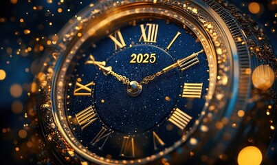 Close-up of an ornate clock face displaying Roman numerals with golden hands striking midnight on a glittering deep blue background marked with the year 2025