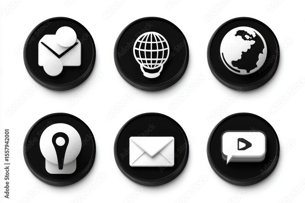 Poster set of six black round buttons with white 3d icons including mail, globe, map marker, and video mess