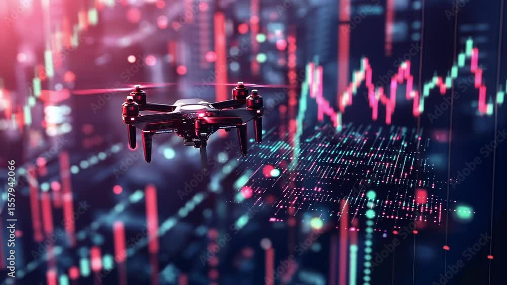 Poster a futuristic city with drones and automated delivery systems highlighted by a rising stock chart in 