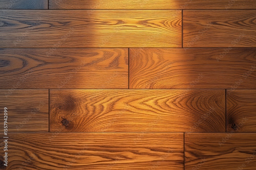 Poster close-up of smooth wooden floor panels with natural grain patterns illuminated by warm sunlight crea