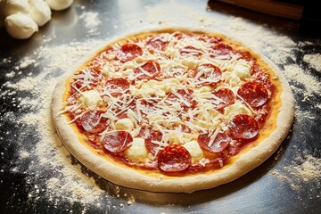 Fresh uncooked pepperoni pizza topped with shredded cheese and dollops of mozzarella on a floured metal surface