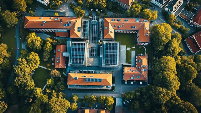 Aerial view of campus buildings and green spaces