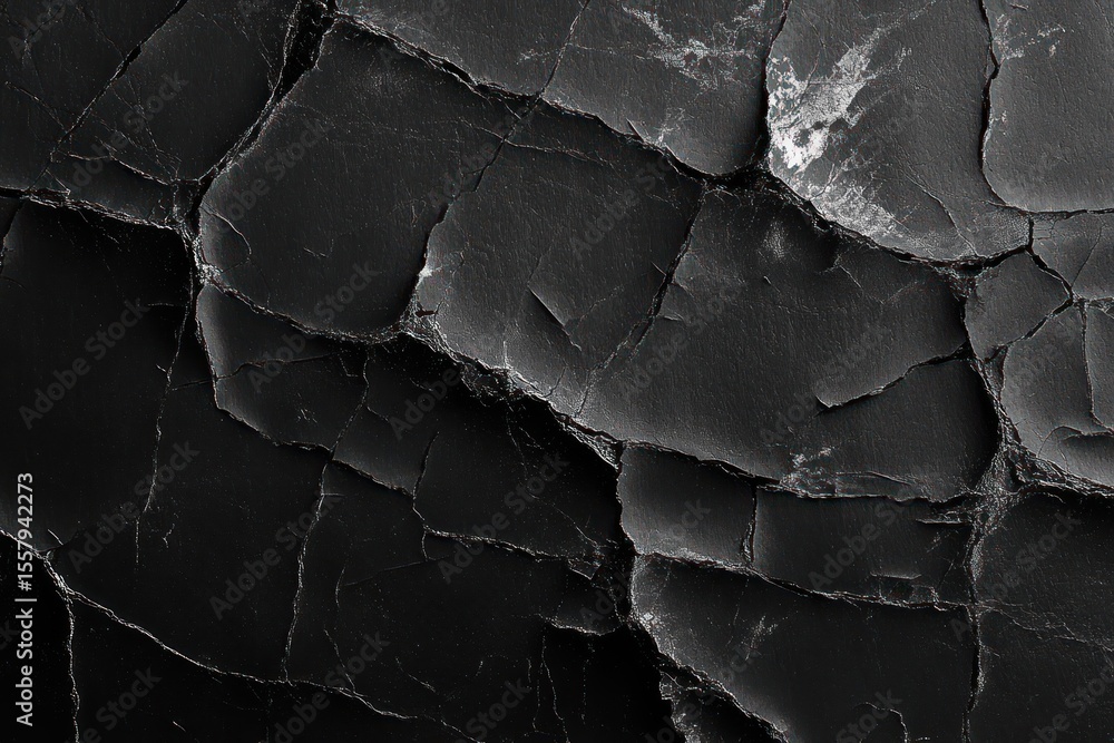 Poster close-up of cracked and peeling dark black surface with texture details and irregular edges creating
