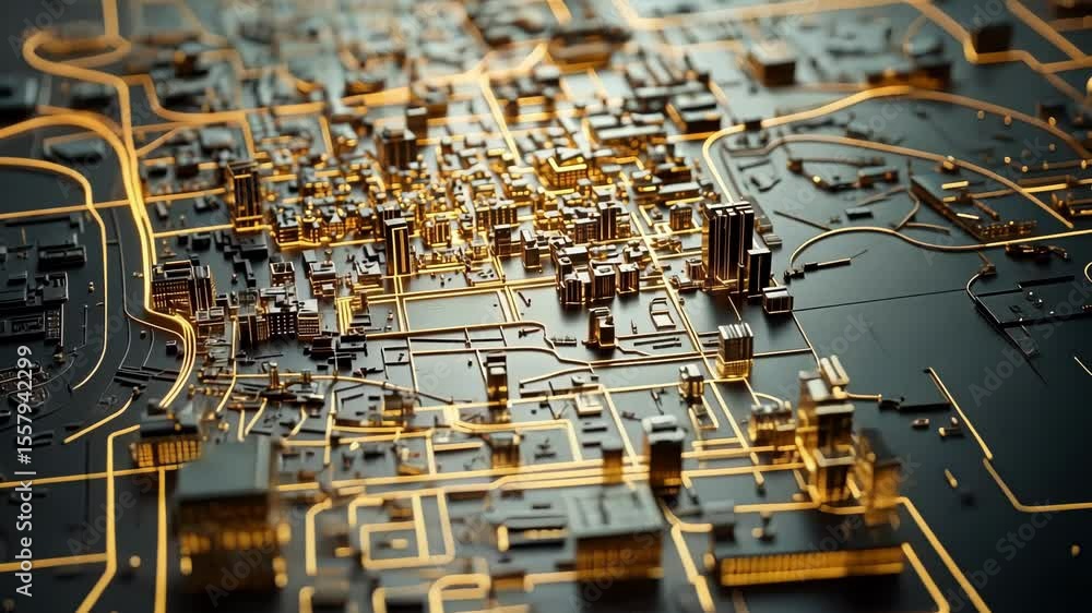 Aufkleber complex network of illuminated streets highlighting modern urban infrastructure in a futuristic city