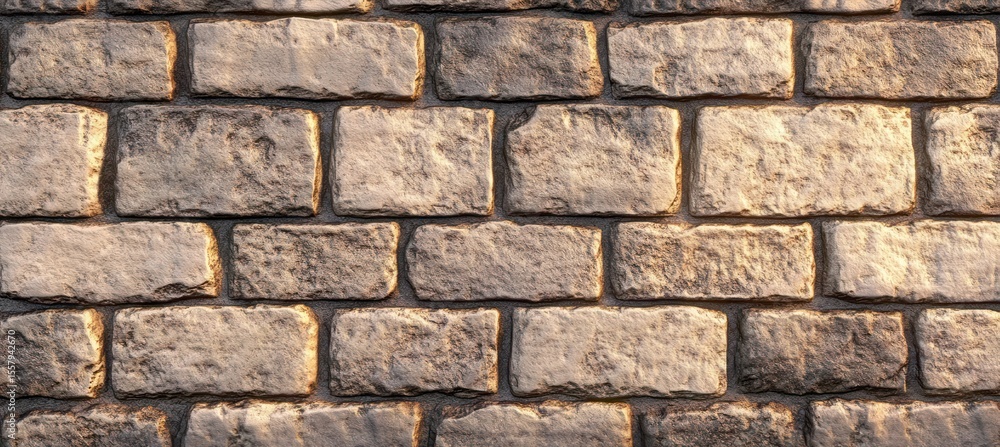 Poster rough stone brick wall illuminated by warm sunlight showing texture and pattern of rectangular block
