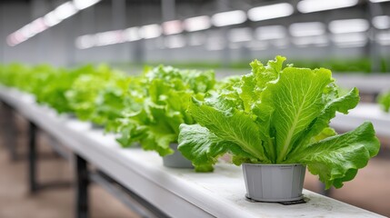 5G in agriculture, Rows of fresh green lettuce growing hydroponically in a controlled indoor environment, emphasizing modern agricultural techniques.