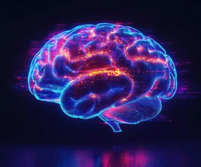 Obraz premium Glowing digital representation of a human brain with vibrant blue and red neural pathways and an illuminated network effect on a dark background