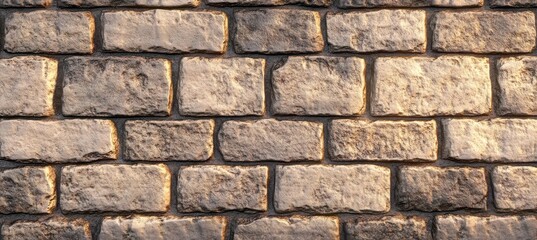 Naklejka premium rough stone brick wall illuminated by warm sunlight showing texture and pattern of rectangular blocks