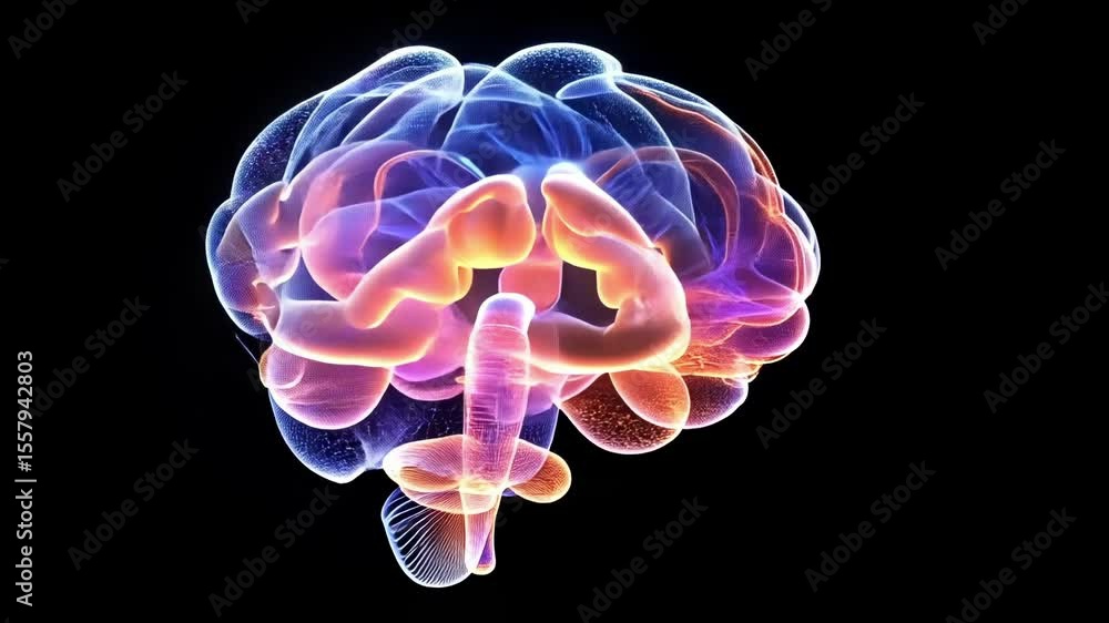 Poster complex network of neurons firing and creating connections inside a translucent human brain, glowing