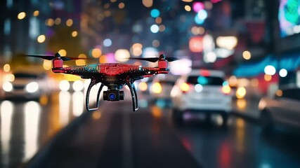 Modern quadcopter drone flying over blurred city street at night, recording video and capturing images with camera, futuristic technology concept - Powered by Adobe