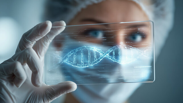 Scientist in protective gear analyzes glowing dna helix on futuristic transparent screen - Powered by Adobe