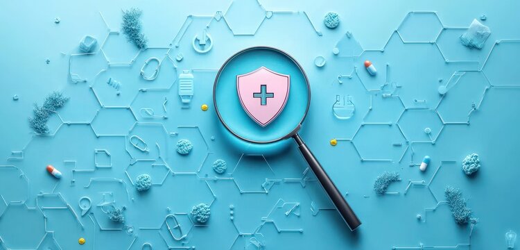 Magnifying glass focusing on a pink shield with a medical cross surrounded by scientific and medical icons on a blue hexagonal pattern background