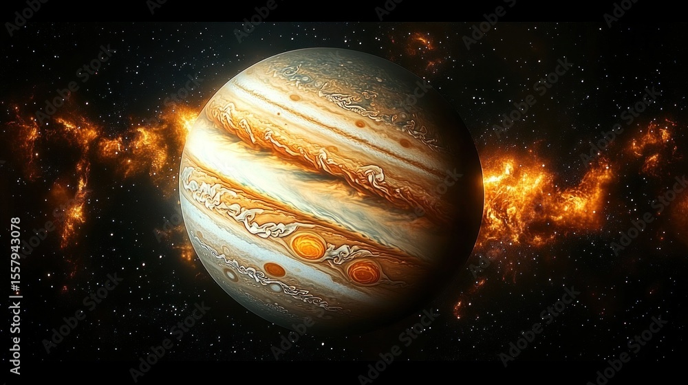 Poster detailed view of a large gas planet with colorful swirling clouds and glowing storm spots surrounded
